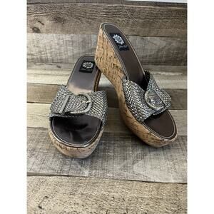 Yellow Box Braided Metallic Rhinestone Buckle Cork Wedge Sandals Size 10